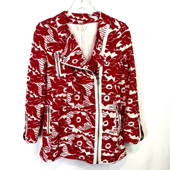 Free People Devil’s Alley Red and White embroidered moto jacket - Picture 2 of 13